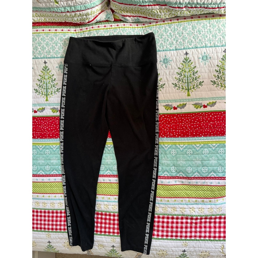 PINK Victoria's Secret Black Leggings Pink Logo Side Stripe